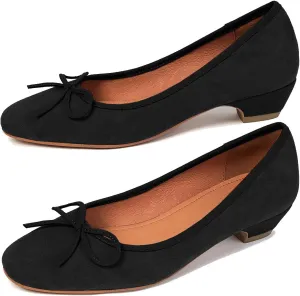 SHODENSE Women Bow Flats Round Closed Toe Slip On Ballet Flats Velvet Suede Comfortable Low Chunky Heel Dress Shoes Cute Ladies Girls Office Work Wedding Pumps Club Party Fall Flat Shoes 4-11 M US