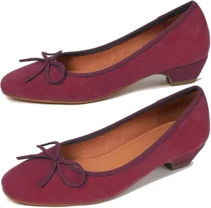 SHODENSE Women Bow Flats Round Closed Toe Slip On Ballet Flats Velvet Suede Comfortable Low Chunky Heel Dress Shoes Cute Ladies Girls Office Work Wedding Pumps Club Party Fall Flat Shoes 4-11 M US