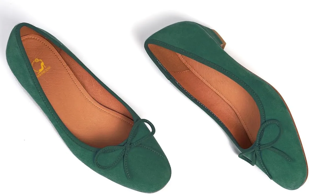 SHODENSE Women Bow Flats Round Closed Toe Slip On Ballet Flats Velvet Suede Comfortable Low Chunky Heel Dress Shoes Cute Ladies Girls Office Work Wedding Pumps Club Party Fall Flat Shoes 4-11 M US