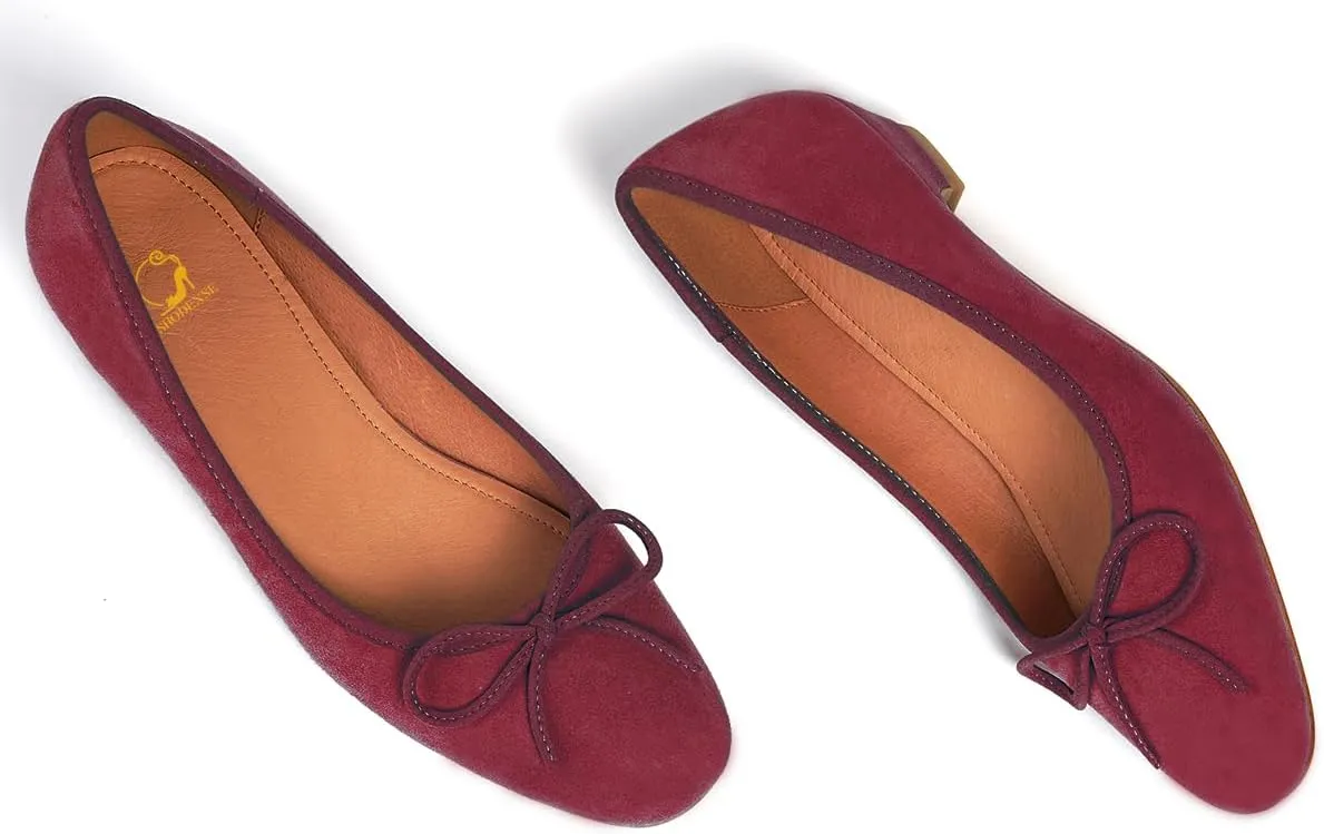 SHODENSE Women Bow Flats Round Closed Toe Slip On Ballet Flats Velvet Suede Comfortable Low Chunky Heel Dress Shoes Cute Ladies Girls Office Work Wedding Pumps Club Party Fall Flat Shoes 4-11 M US