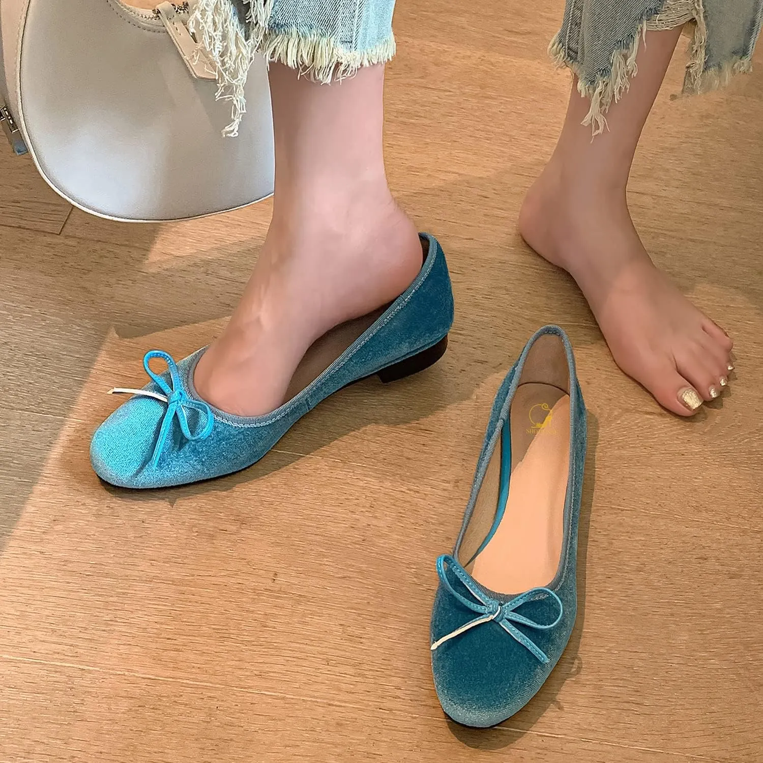 SHODENSE Women Velvet Flat Shoes Bow Round Toe Slip On Ballet Flats Comfortable 0.5 inch Flat Heels Dress Shoes Suede Office Ladies Work Wedding Party Vintage Casual Driver Flats 4-11 M US