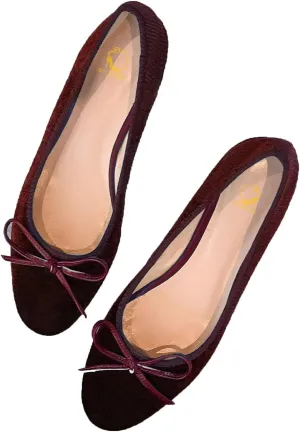 SHODENSE Women Velvet Flat Shoes Bow Round Toe Slip On Ballet Flats Comfortable 0.5 inch Flat Heels Dress Shoes Suede Office Ladies Work Wedding Party Vintage Casual Driver Flats 4-11 M US