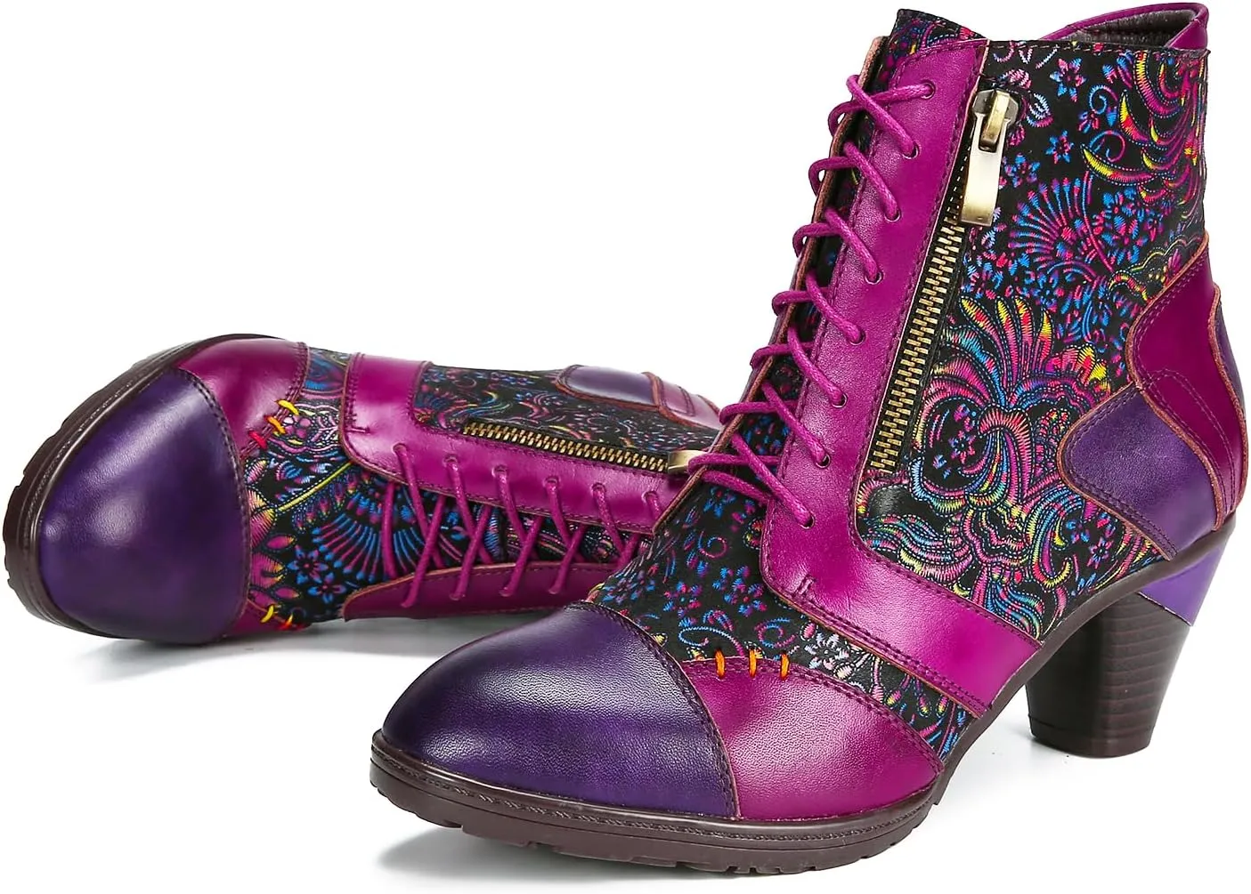 Superladystar's Retro Handmade Leather Purple Ankle Boots,Handmade Colorful Painting, Metallic Style - Fashion, Comfortable Women Shoes