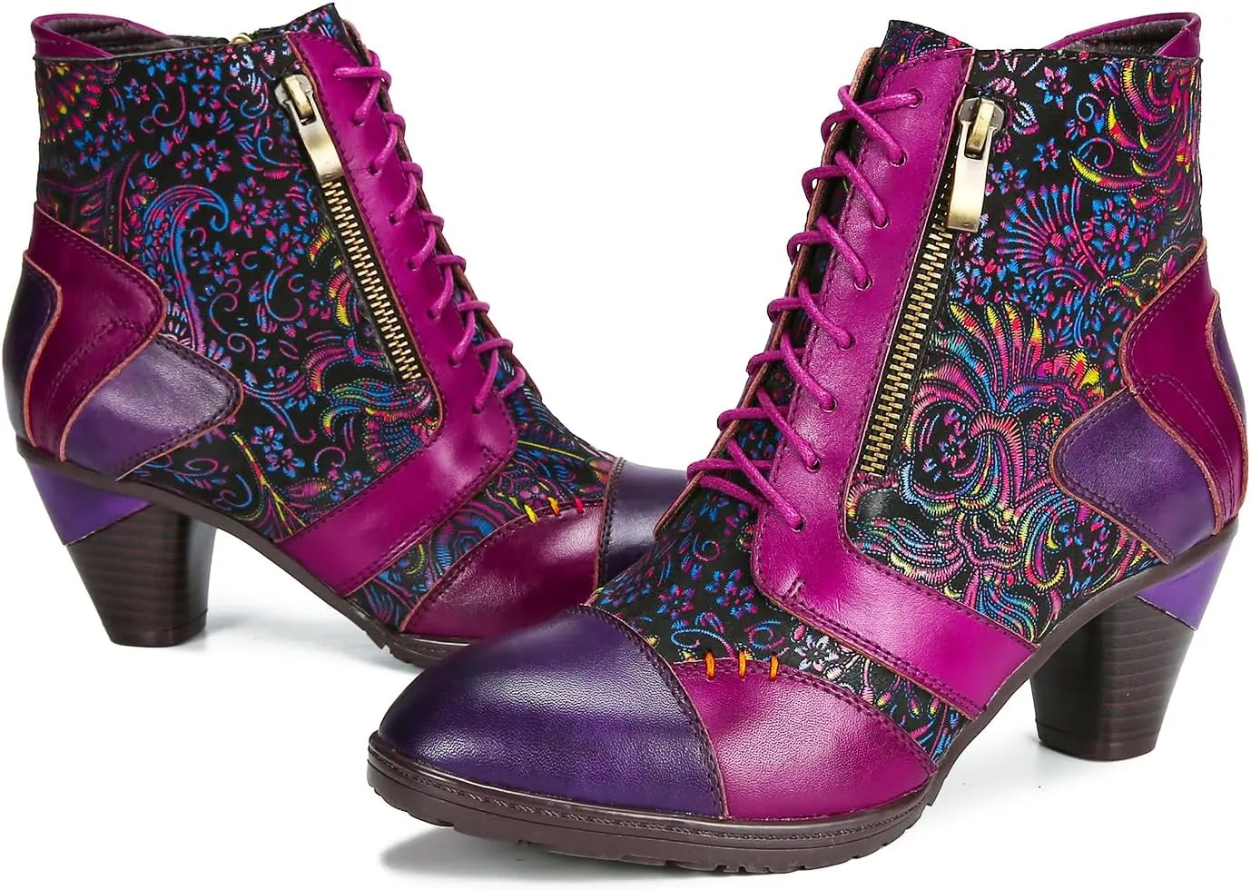 Superladystar's Retro Handmade Leather Purple Ankle Boots,Handmade Colorful Painting, Metallic Style - Fashion, Comfortable Women Shoes