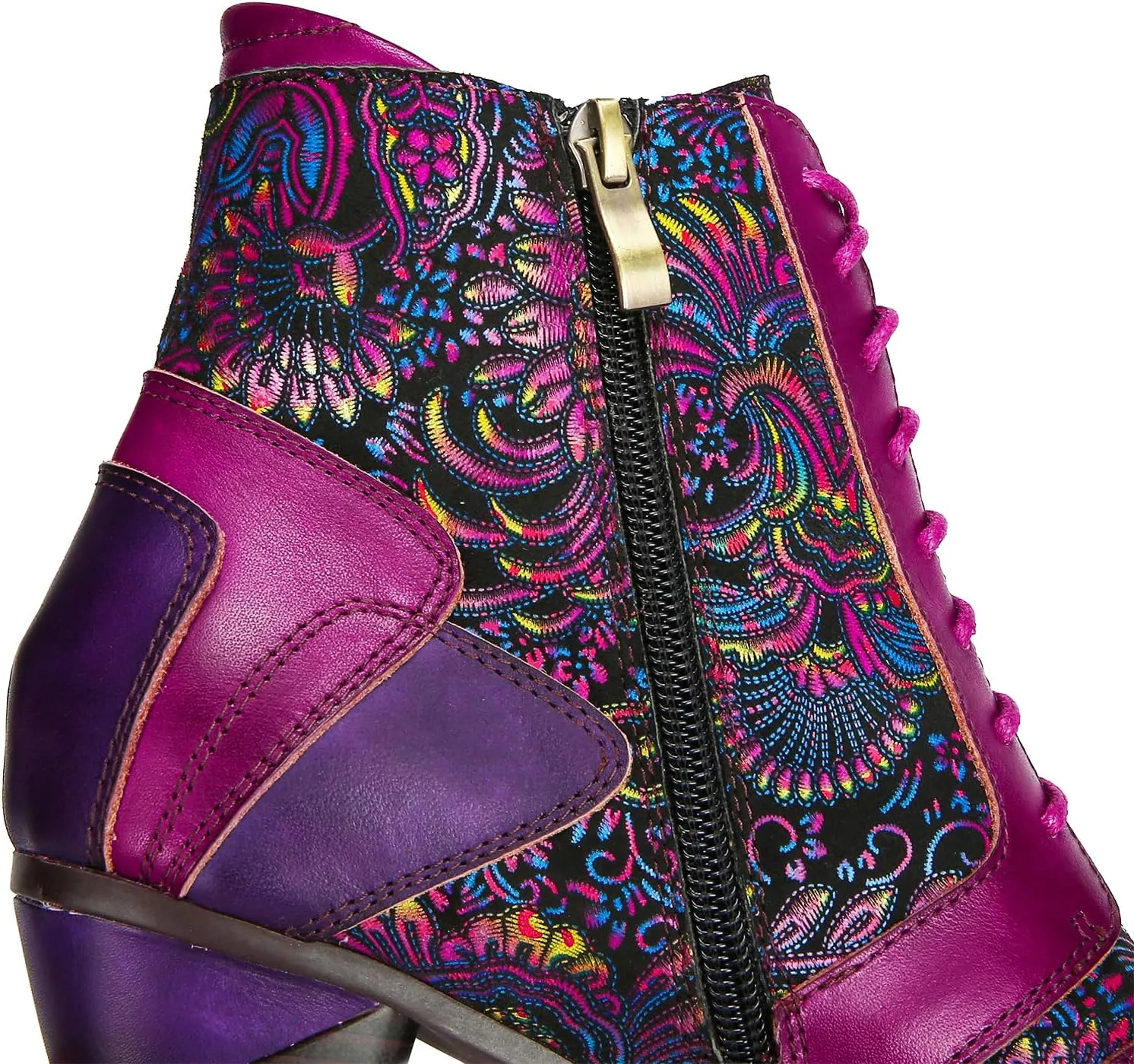 Superladystar's Retro Handmade Leather Purple Ankle Boots,Handmade Colorful Painting, Metallic Style - Fashion, Comfortable Women Shoes