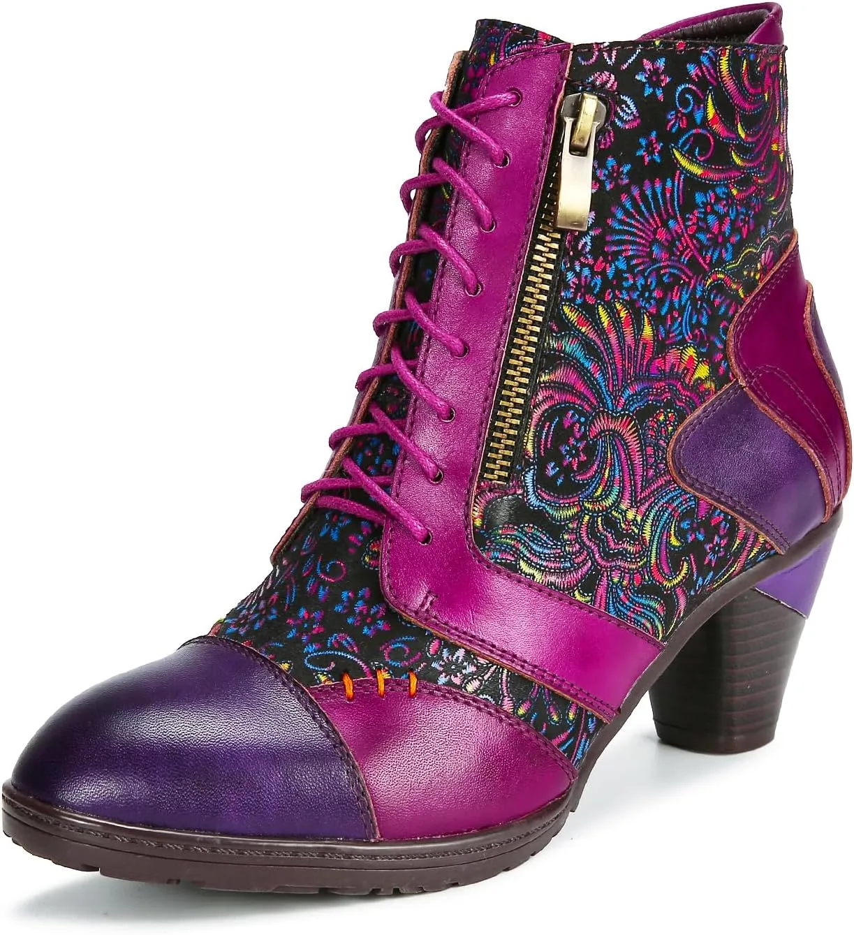 Superladystar's Retro Handmade Leather Purple Ankle Boots,Handmade Colorful Painting, Metallic Style - Fashion, Comfortable Women Shoes