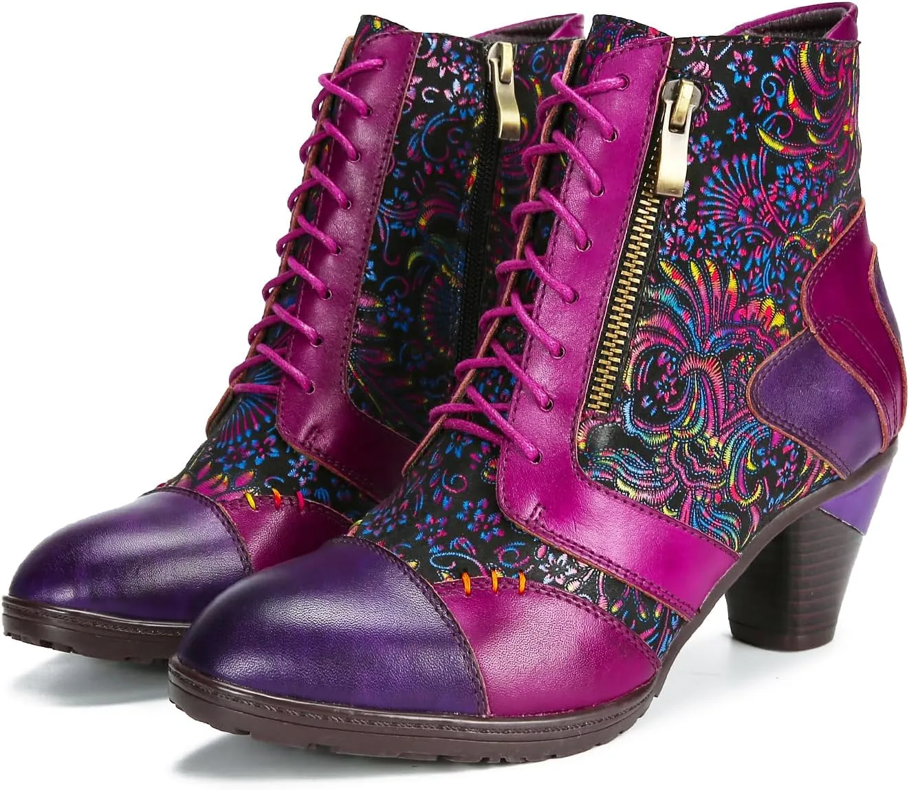 Superladystar's Retro Handmade Leather Purple Ankle Boots,Handmade Colorful Painting, Metallic Style - Fashion, Comfortable Women Shoes