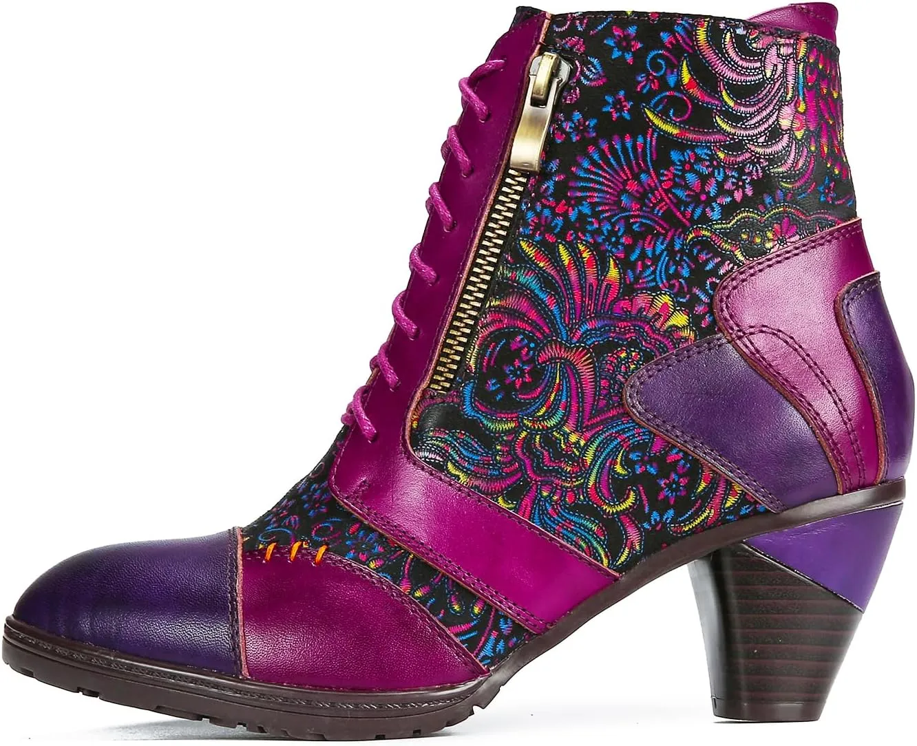 Superladystar's Retro Handmade Leather Purple Ankle Boots,Handmade Colorful Painting, Metallic Style - Fashion, Comfortable Women Shoes