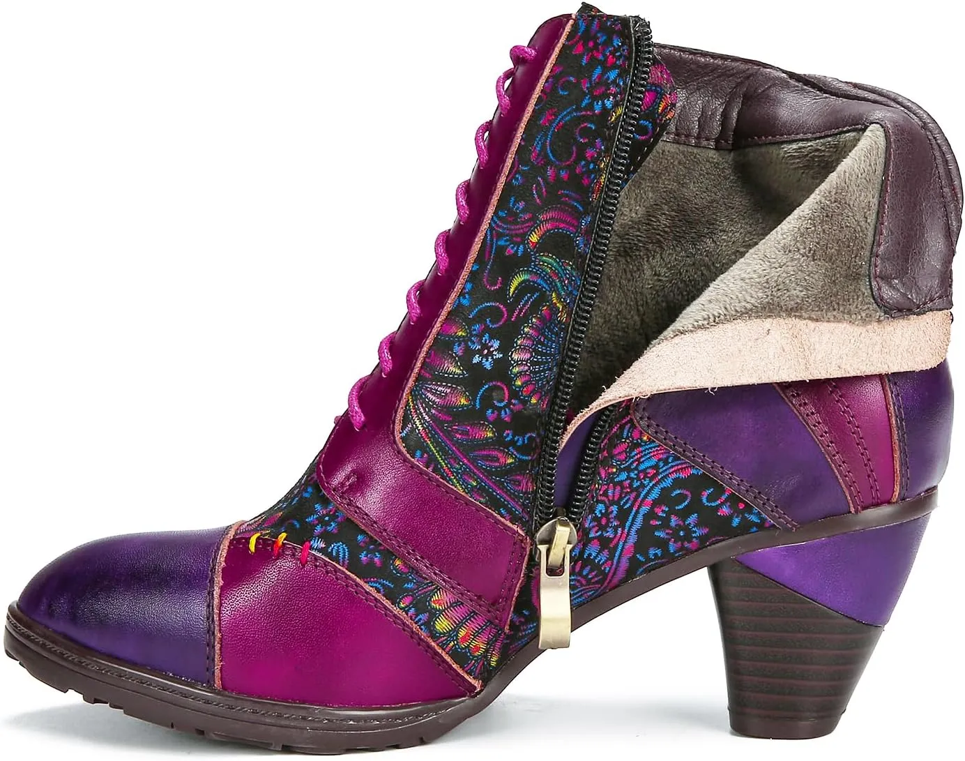 Superladystar's Retro Handmade Leather Purple Ankle Boots,Handmade Colorful Painting, Metallic Style - Fashion, Comfortable Women Shoes