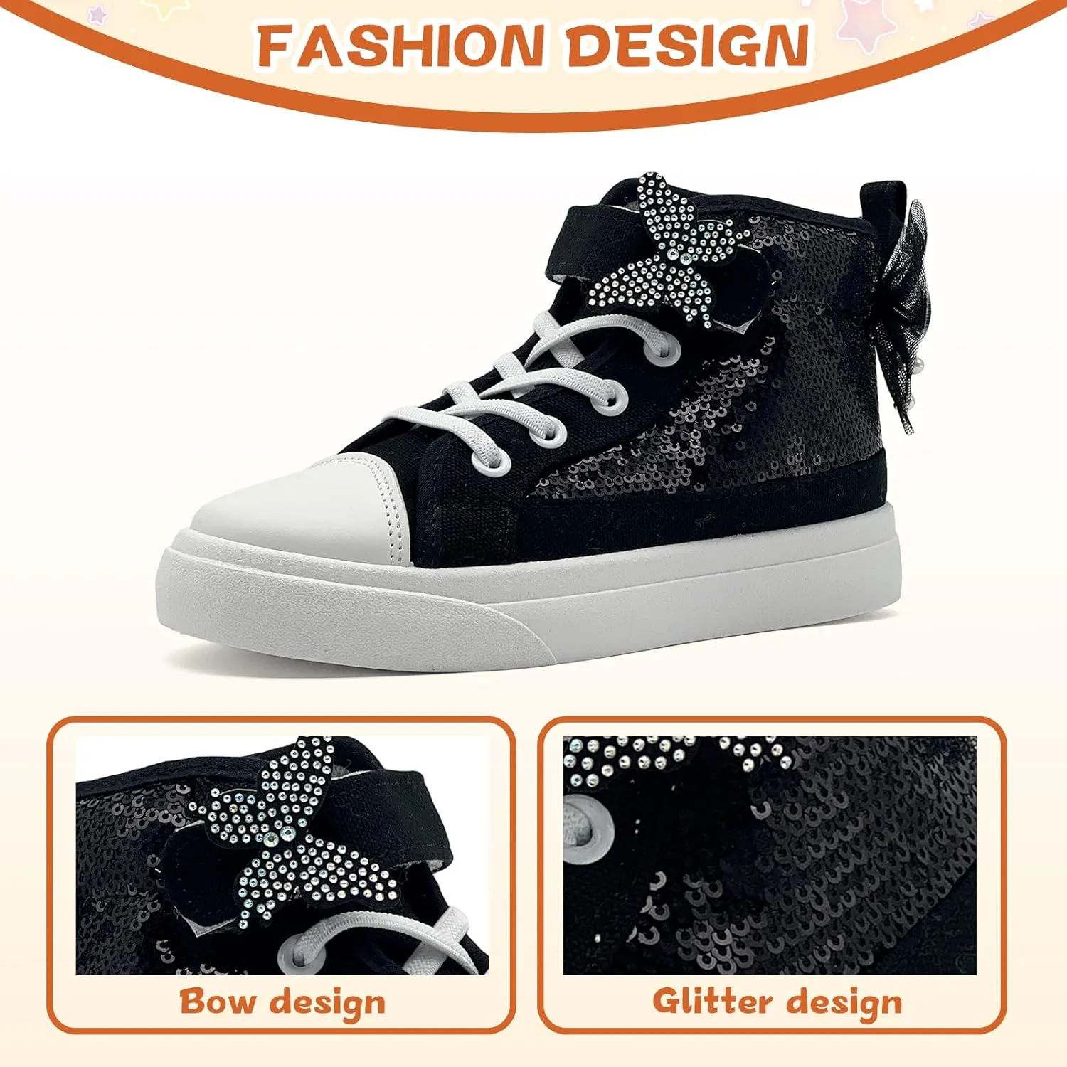 Toddler Sneakers for Girls Boys Canvas High Top Kids Fashion Sparkle Sequins Bow Shoes Running Walking Casual Shoes