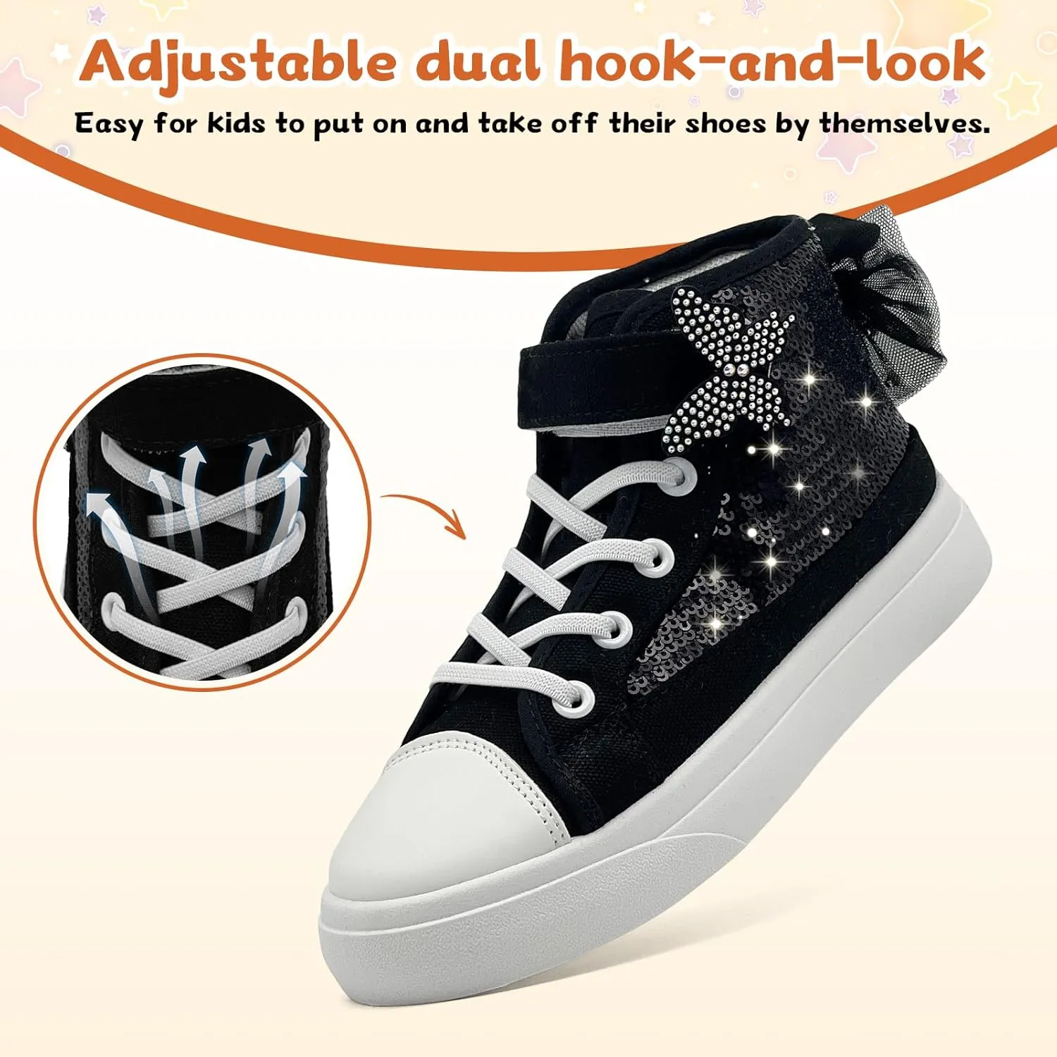 Toddler Sneakers for Girls Boys Canvas High Top Kids Fashion Sparkle Sequins Bow Shoes Running Walking Casual Shoes