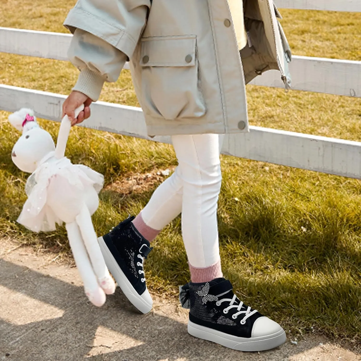 Toddler Sneakers for Girls Boys Canvas High Top Kids Fashion Sparkle Sequins Bow Shoes Running Walking Casual Shoes