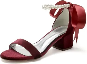 Velvet Block Heel Sandals Pearl Women Heels Open Toe Chunky Heel Wdding Party Shoes