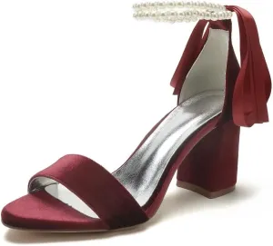 Velvet Block Heel Sandals Pearl Women Heels Open Toe Chunky Heel Wdding Party Shoes