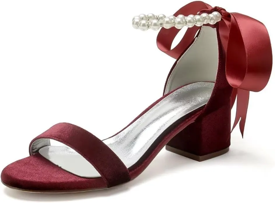Velvet Block Heel Sandals Pearl Women Heels Open Toe Chunky Heel Wdding Party Shoes