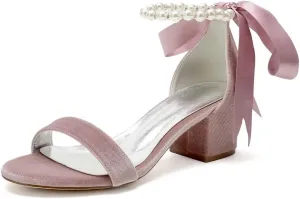 Velvet Block Heel Sandals Pearl Women Heels Open Toe Chunky Heel Wdding Party Shoes