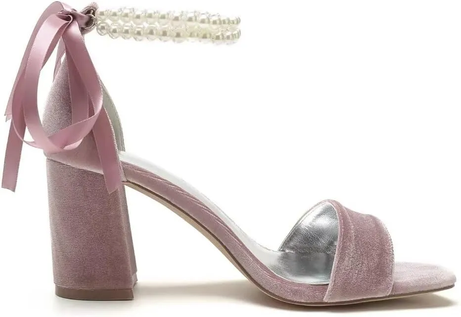 Velvet Block Heel Sandals Pearl Women Heels Open Toe Chunky Heel Wdding Party Shoes