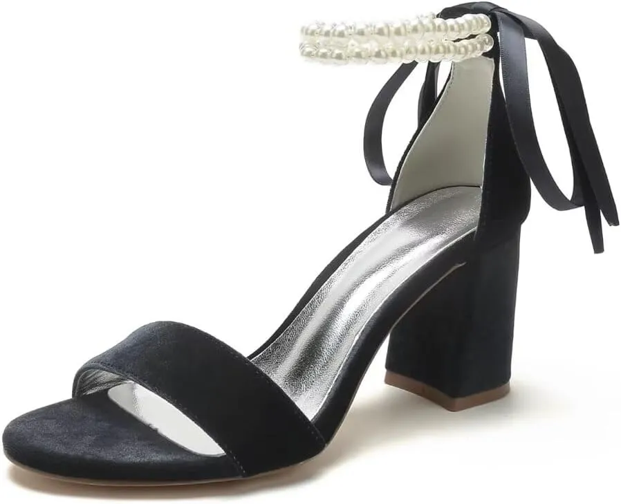 Velvet Block Heel Sandals Pearl Women Heels Open Toe Chunky Heel Wdding Party Shoes