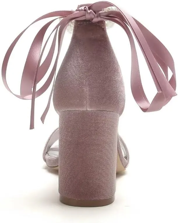 Velvet Block Heel Sandals Pearl Women Heels Open Toe Chunky Heel Wdding Party Shoes