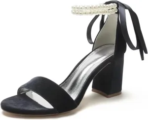 Velvet Block Heel Sandals Pearl Women Heels Open Toe Chunky Heel Wdding Party Shoes