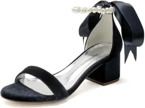 Velvet Block Heel Sandals Pearl Women Heels Open Toe Chunky Heel Wdding Party Shoes