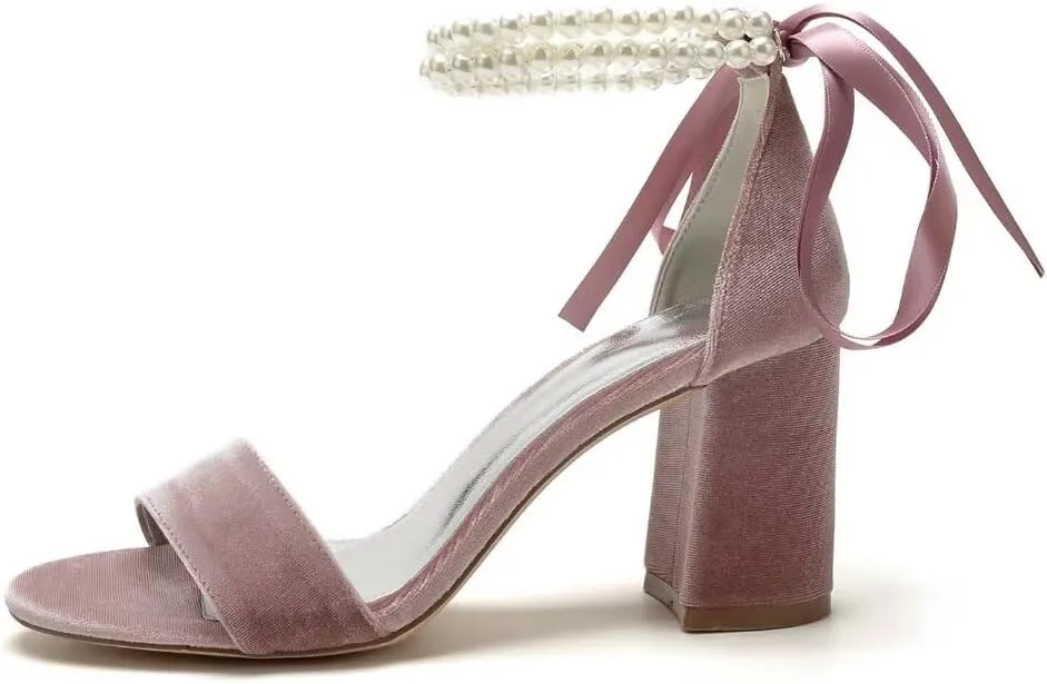 Velvet Block Heel Sandals Pearl Women Heels Open Toe Chunky Heel Wdding Party Shoes