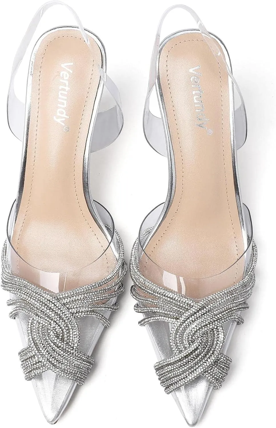 Vertundy Women's Mid heel Mule Sandals Pointed Toe Rhinestones Heels Clear PVC Stiletto Slide Slipper Crystal Slip-on Strappy Pumps Dress mules