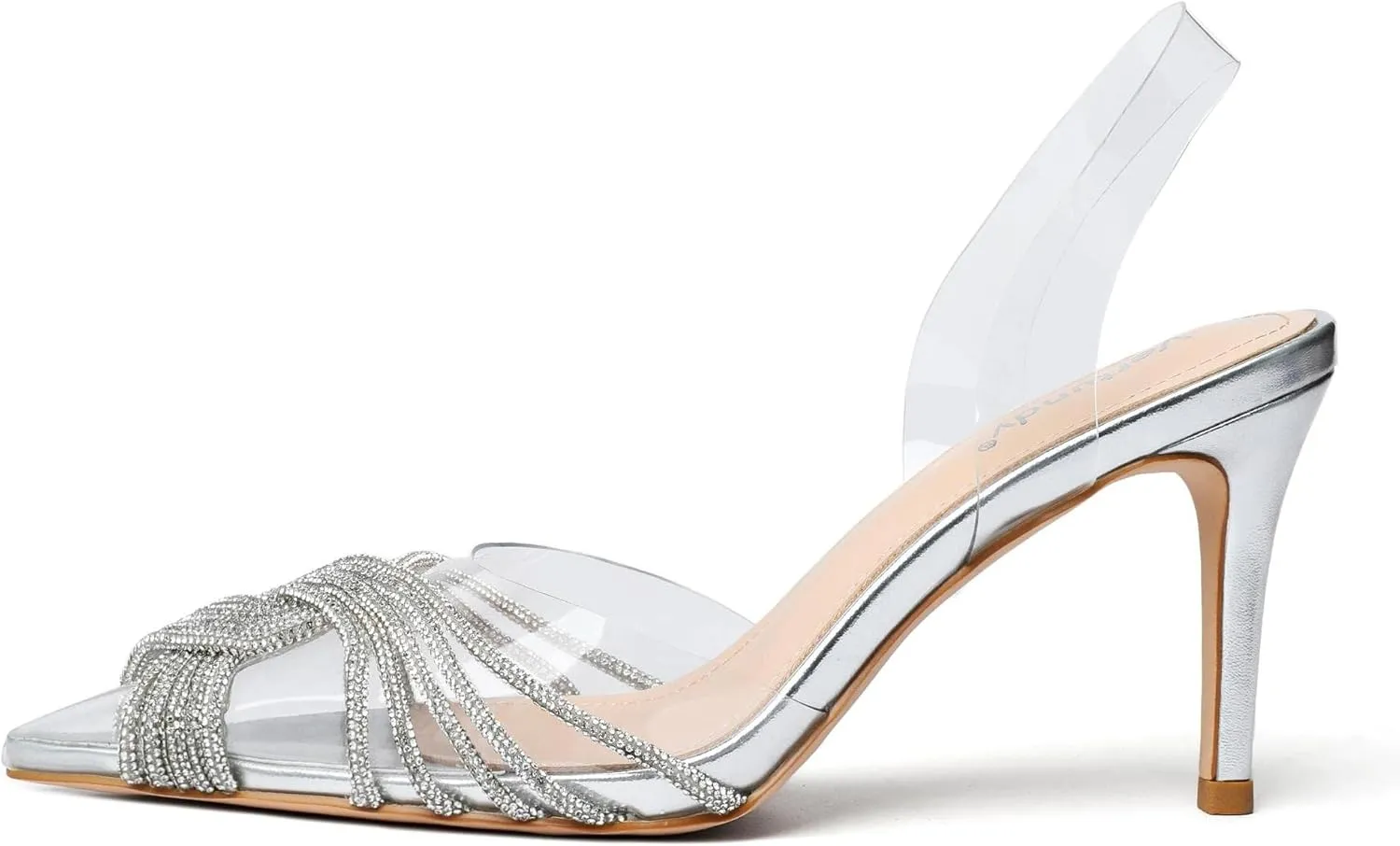 Vertundy Women's Mid heel Mule Sandals Pointed Toe Rhinestones Heels Clear PVC Stiletto Slide Slipper Crystal Slip-on Strappy Pumps Dress mules