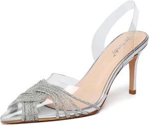 Vertundy Women's Mid heel Mule Sandals Pointed Toe Rhinestones Heels Clear PVC Stiletto Slide Slipper Crystal Slip-on Strappy Pumps Dress mules