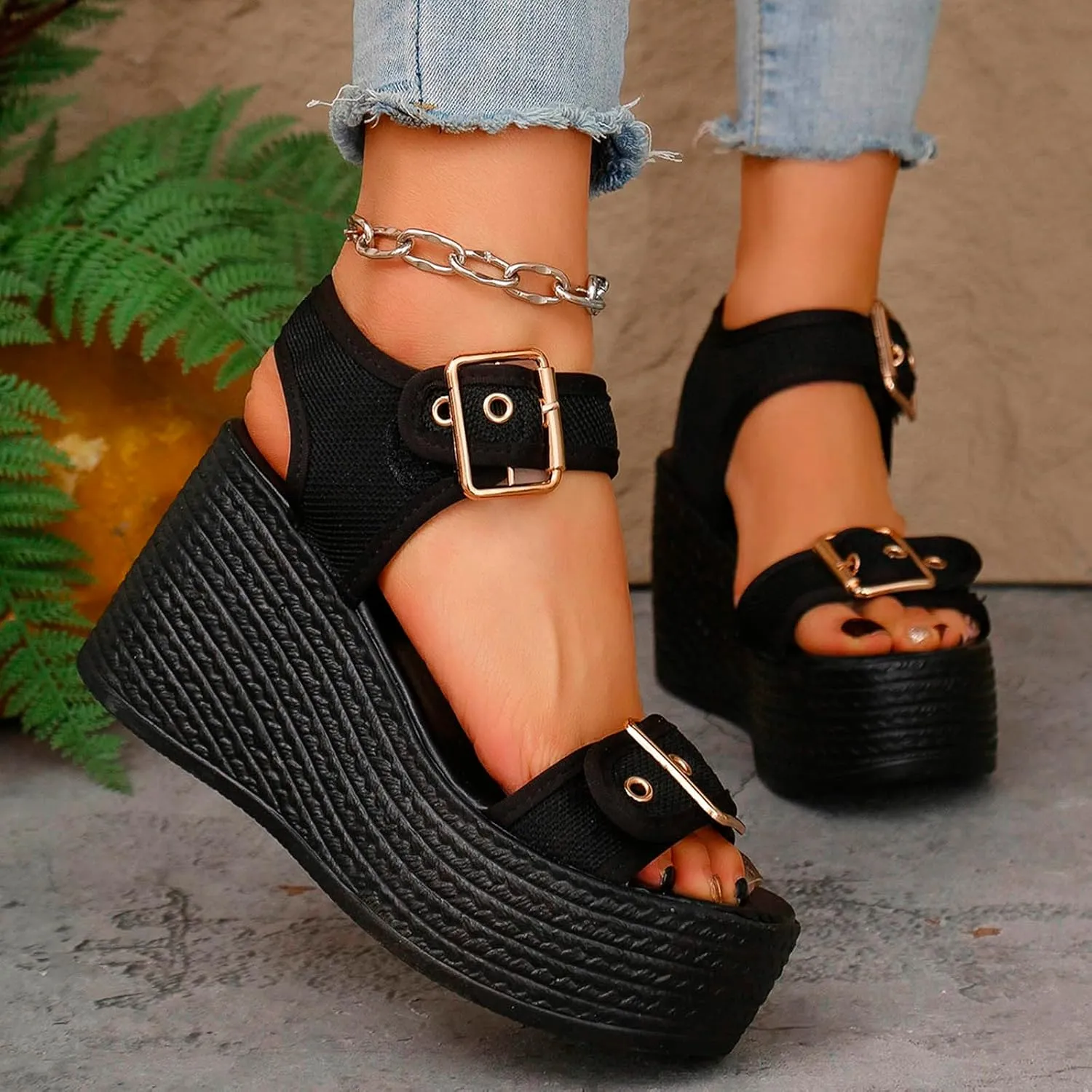 Wedge Sandals For Women Platform Wedges Heels Women's Straps Summer Knit Comfort Slingback Dress Open Toe Slip-on Elastic Ankle Strap Casual Dressy Walking Comfy Shoes for Party Beach Vacation