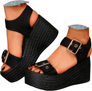 Wedge Sandals For Women Platform Wedges Heels Women's Straps Summer Knit Comfort Slingback Dress Open Toe Slip-on Elastic Ankle Strap Casual Dressy Walking Comfy Shoes for Party Beach Vacation