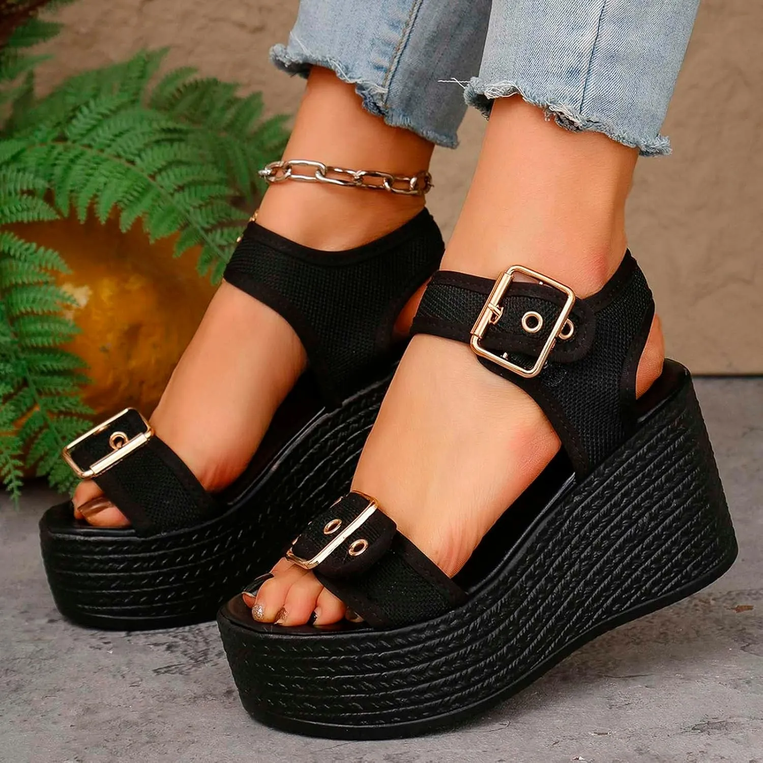 Wedge Sandals For Women Platform Wedges Heels Women's Straps Summer Knit Comfort Slingback Dress Open Toe Slip-on Elastic Ankle Strap Casual Dressy Walking Comfy Shoes for Party Beach Vacation