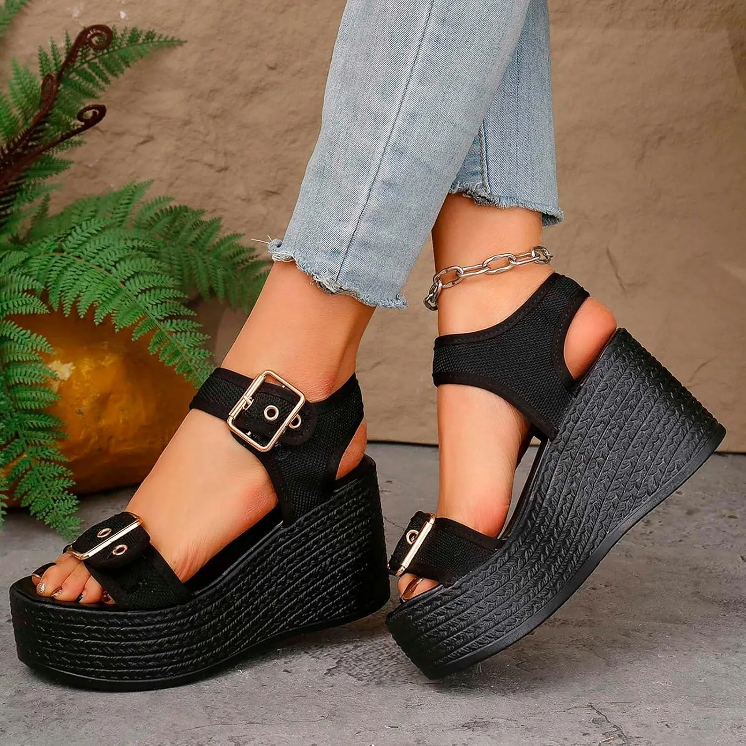 Wedge Sandals For Women Platform Wedges Heels Women's Straps Summer Knit Comfort Slingback Dress Open Toe Slip-on Elastic Ankle Strap Casual Dressy Walking Comfy Shoes for Party Beach Vacation