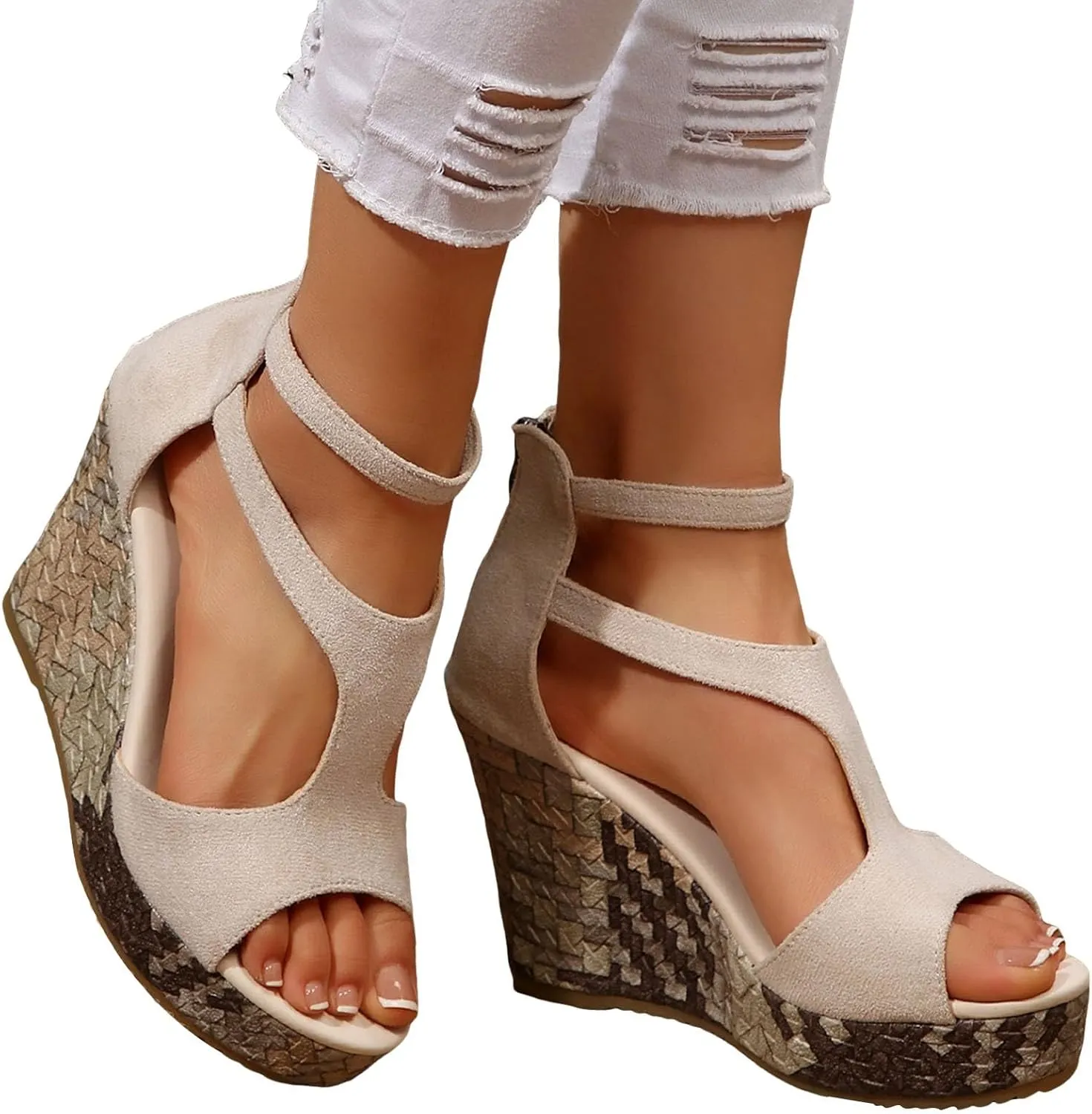 Wedge Sandals For Women Platform Wedges Heels,Women's Orthopedic High Heels Womens Dress Sexy Open Toe Summer Back Zipper Comfortable Shoes Bohe Comfy Walking Arch support Sandal for Daily Wear