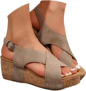 Wedges & Platform Slides,Womens Comfy Wedge Orthopedic Sandals Summer Cork Casual Strap Fish Mouth Comfortable Strappy Casual Shoes Non Slip-on Open Toe Thick Sole Leather Slingback Sandal