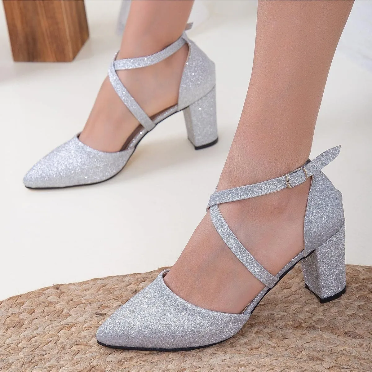 Women Chunky Block High Heel Mary Jane Pumps Shoes Criss-Cross Ankle Strap Closed Pointed Toe Cut-Out Dress Sandals Velvet Glitter Mary Jane Heels Buckle Office Party Dance Shoes 4-11 M US