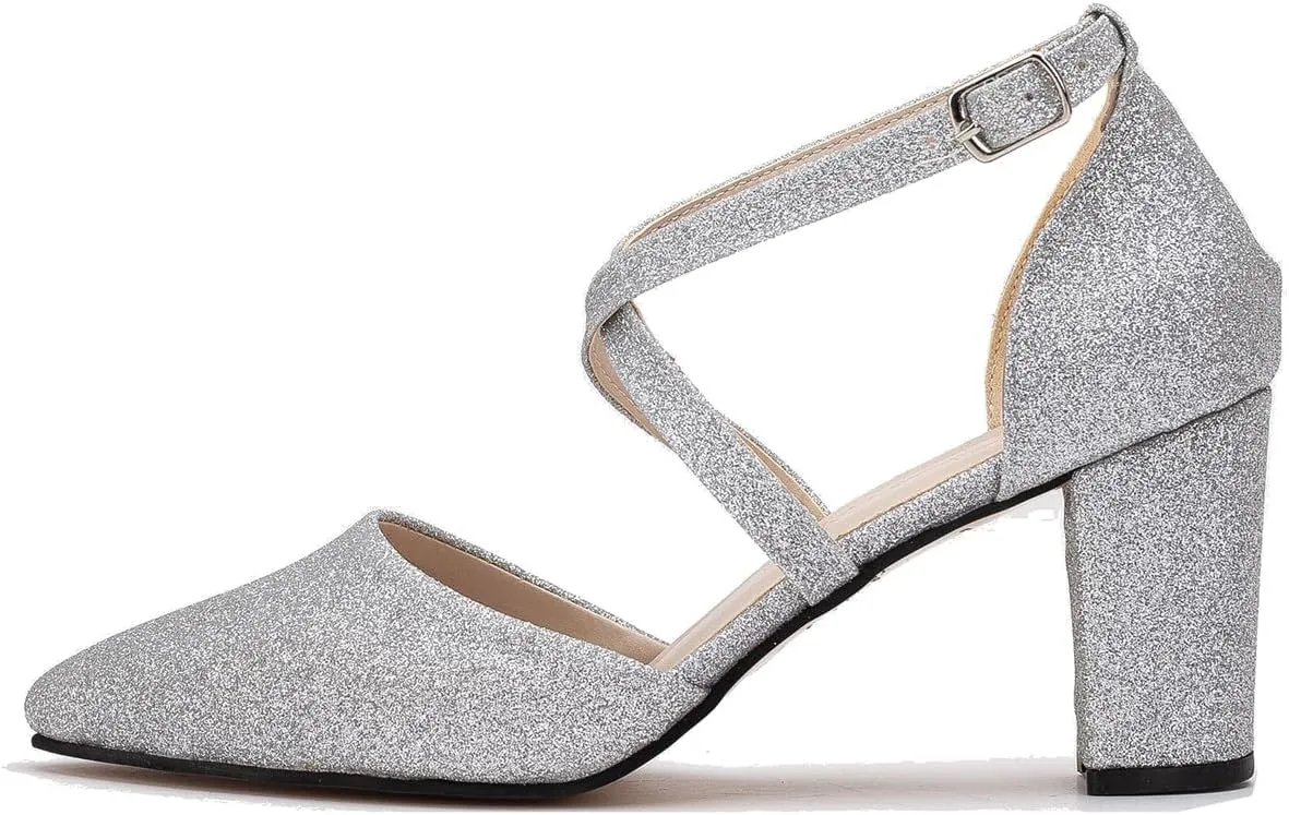 Women Chunky Block High Heel Mary Jane Pumps Shoes Criss-Cross Ankle Strap Closed Pointed Toe Cut-Out Dress Sandals Velvet Glitter Mary Jane Heels Buckle Office Party Dance Shoes 4-11 M US