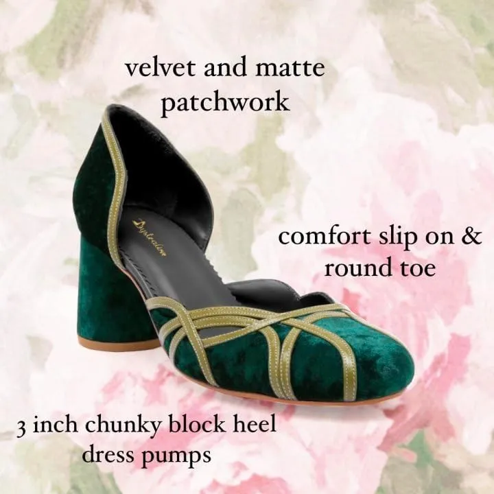 Women Chunky Heel Round Toe Pumps Velvet Cut Out Sandal Heels Closed Round Toe 3 inch Block Heel Pump Shoes Two Tone Strappy Fashion Retro Wedding Party Dress Heels Comfy 4-11 M US