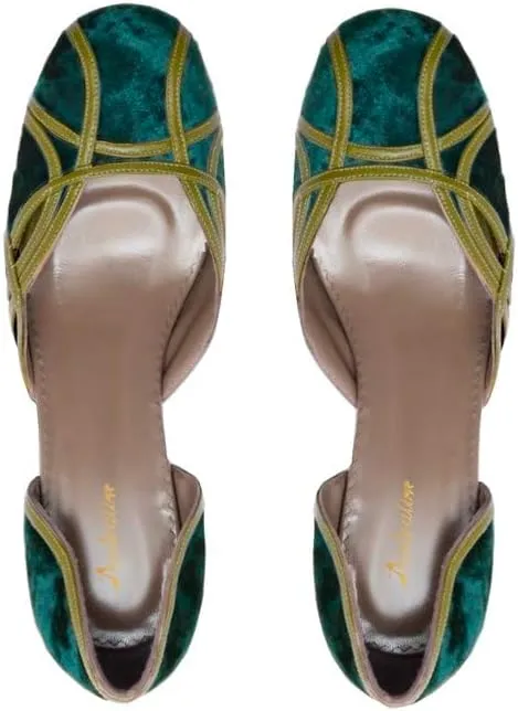 Women Chunky Heel Round Toe Pumps Velvet Cut Out Sandal Heels Closed Round Toe 3 inch Block Heel Pump Shoes Two Tone Strappy Fashion Retro Wedding Party Dress Heels Comfy 4-11 M US