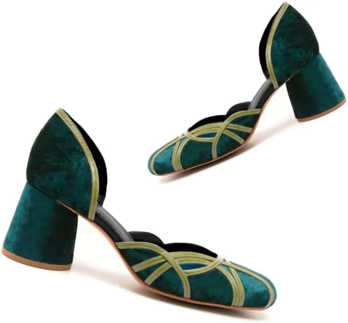 Women Chunky Heel Round Toe Pumps Velvet Cut Out Sandal Heels Closed Round Toe 3 inch Block Heel Pump Shoes Two Tone Strappy Fashion Retro Wedding Party Dress Heels Comfy 4-11 M US