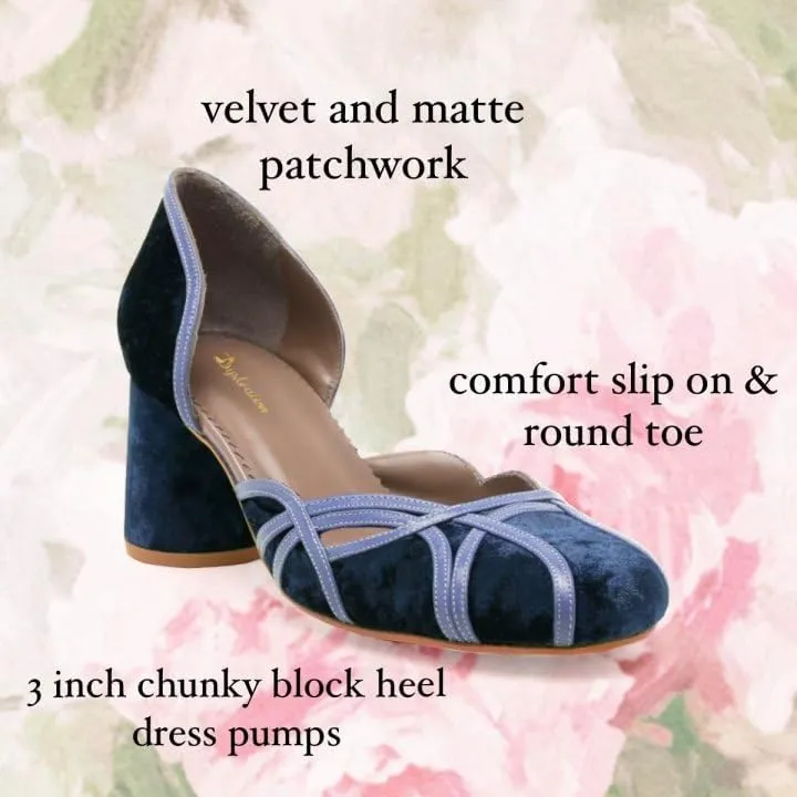 Women Chunky Heel Round Toe Pumps Velvet Cut Out Sandal Heels Closed Round Toe 3 inch Block Heel Pump Shoes Two Tone Strappy Fashion Retro Wedding Party Dress Heels Comfy 4-11 M US