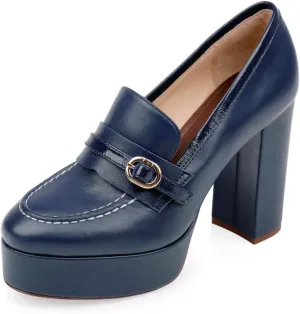 Women Chunky High Heel Platform Loafers Closed Round Toe Heels Loafers Buckle Matte 4 inch Block Heel Penny Loafers Pumps Platform Slip On Dress Heels Office Retro Chic Size 4-11 M US