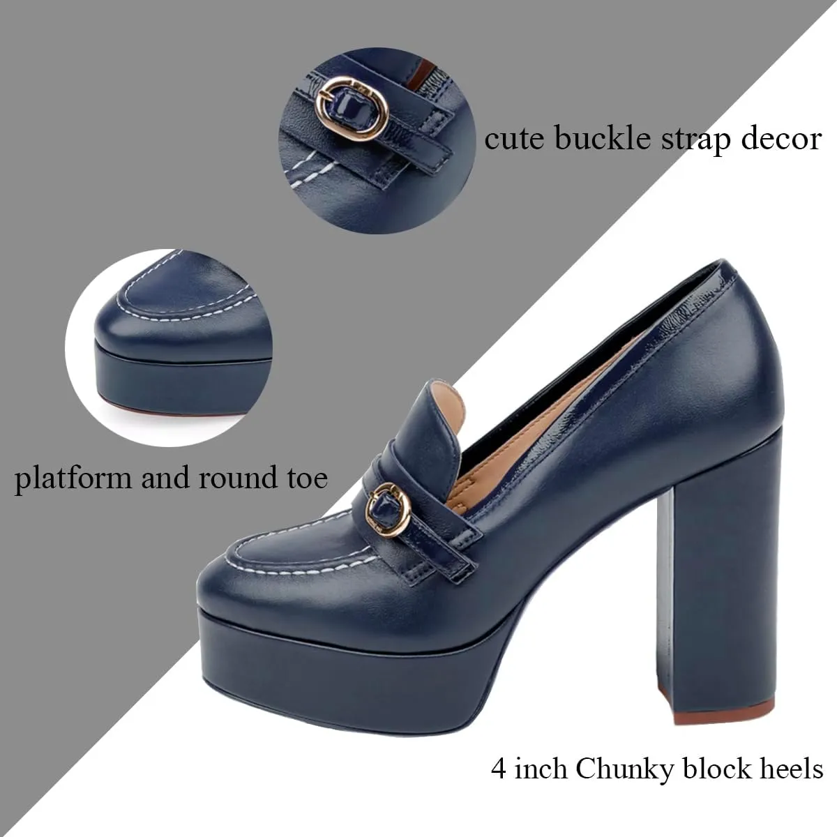 Women Chunky High Heel Platform Loafers Closed Round Toe Heels Loafers Buckle Matte 4 inch Block Heel Penny Loafers Pumps Platform Slip On Dress Heels Office Retro Chic Size 4-11 M US