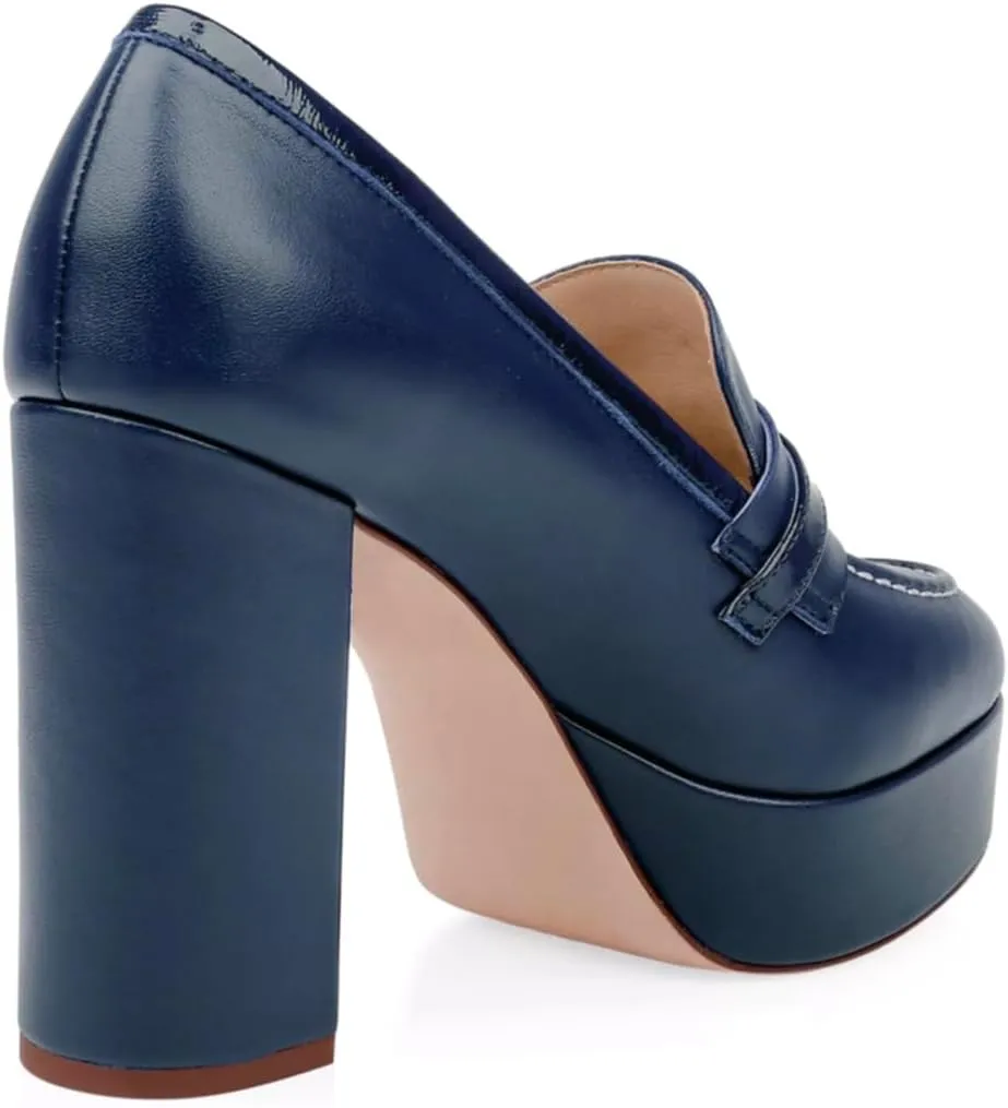Women Chunky High Heel Platform Loafers Closed Round Toe Heels Loafers Buckle Matte 4 inch Block Heel Penny Loafers Pumps Platform Slip On Dress Heels Office Retro Chic Size 4-11 M US
