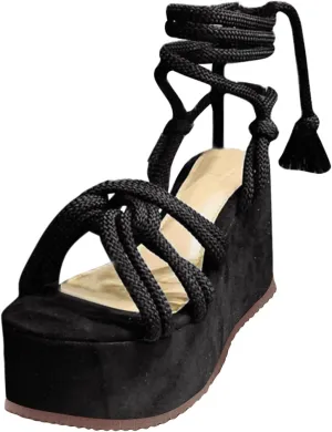 Women Platform Sandals Lace-up Wedge Sandals Fashion Tie Rope Ankle Strap Summer Open Toe Beach Roman Shoes Casual Solid Color Wedges