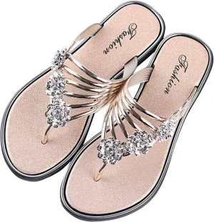 Women Rhinestone Boho Flip Flops Summer Comfort Beach Slippers Clip Toe Slide Sandal Bohemian Thong Sandals Flats