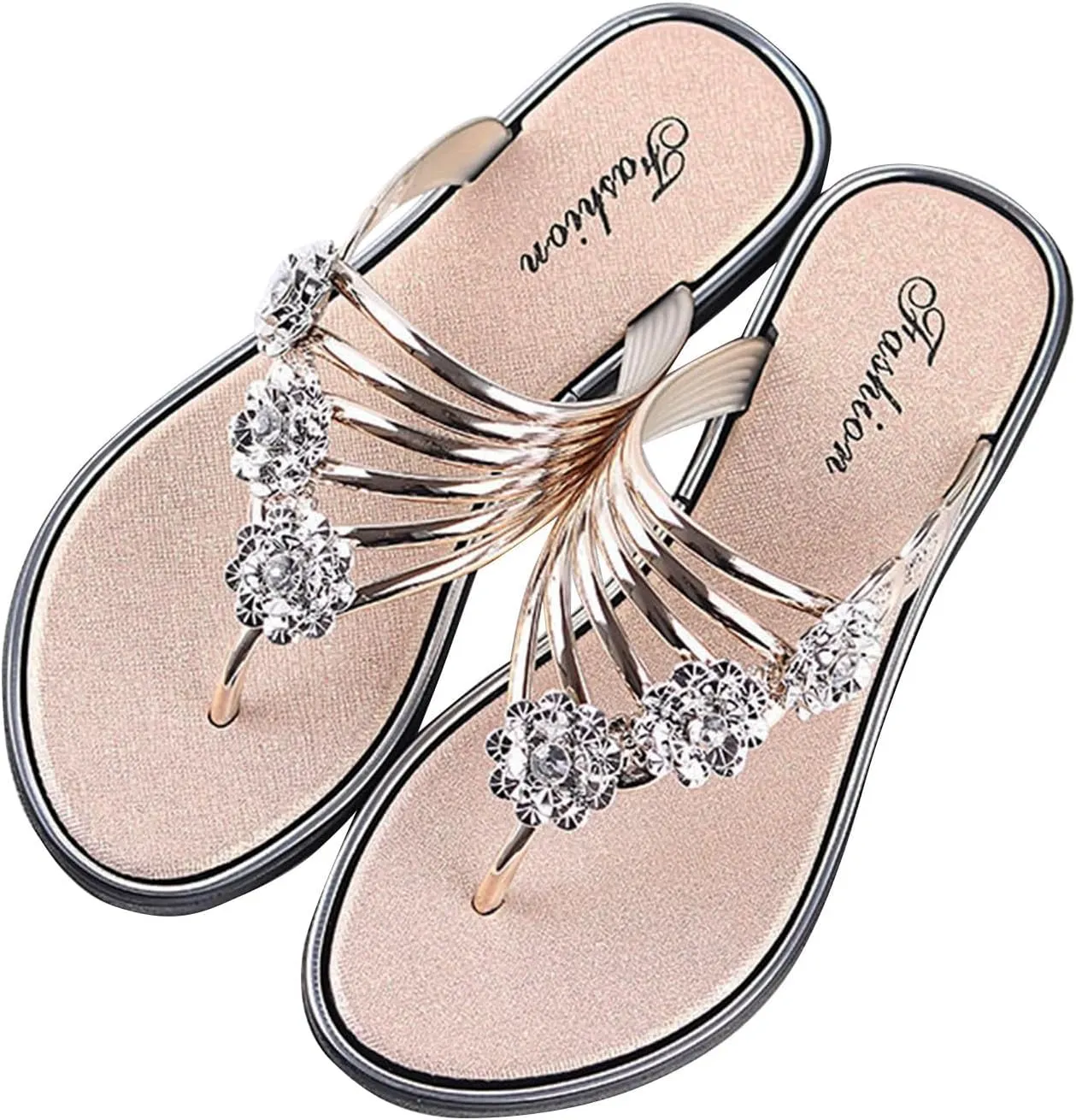 Women Rhinestone Boho Flip Flops Summer Comfort Beach Slippers Clip Toe Slide Sandal Bohemian Thong Sandals Flats