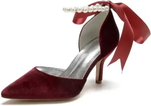 Women Velvet High Heel Shoes Pointed Toe Pearl Wedding Shoes Formal Evening Party Heels