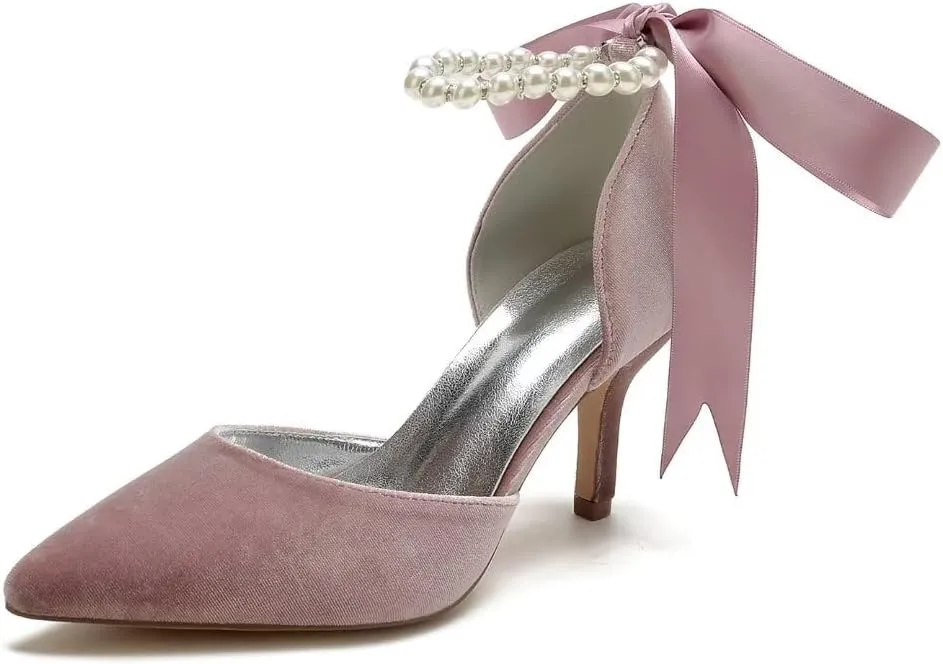 Women Velvet High Heel Shoes Pointed Toe Pearl Wedding Shoes Formal Evening Party Heels