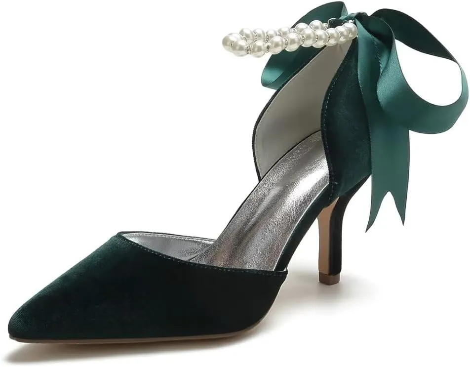 Women Velvet High Heel Shoes Pointed Toe Pearl Wedding Shoes Formal Evening Party Heels